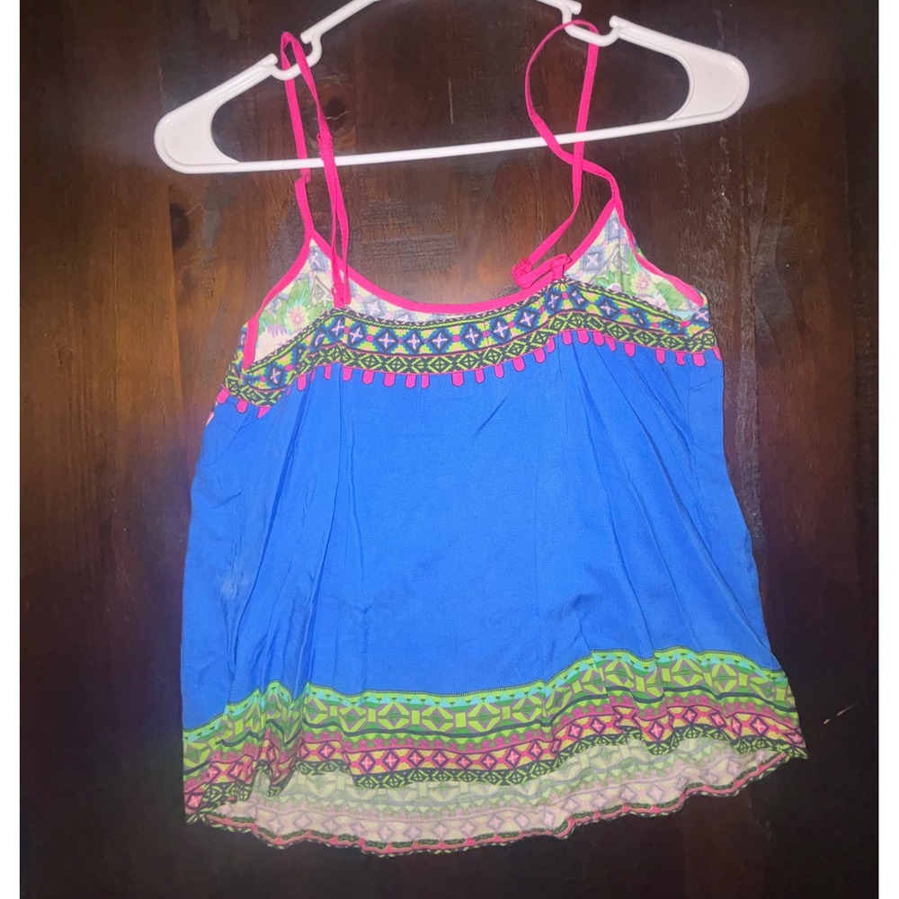 Flying Tomato Blue Floral Boho Cami Adjustable Straps Rayon Tank Top Small - Picture 6 of 6